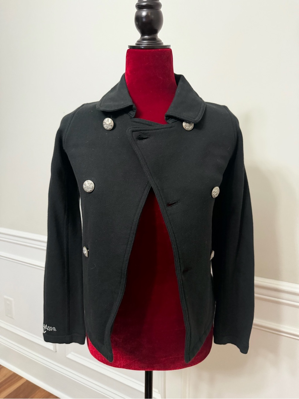 Ralph Lauren Girls Black‎ Knit Military Peacoat Jacket Silver Crest Buttons L